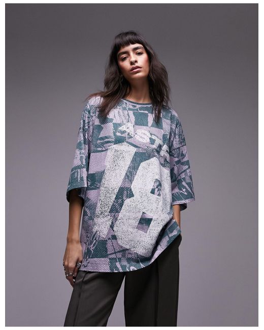 TOPSHOP Blue All Over Print Sporty Oversized Tee
