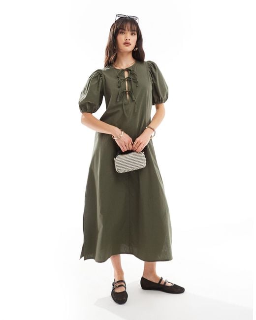 ONLY Green Puff Sleeve Bow Maxi Dress