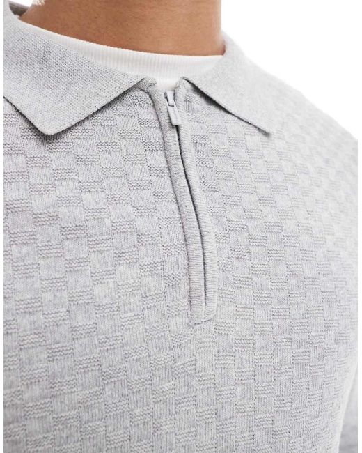 Threadbare Blue Textured 1/4 Zip Knitted Polo for men