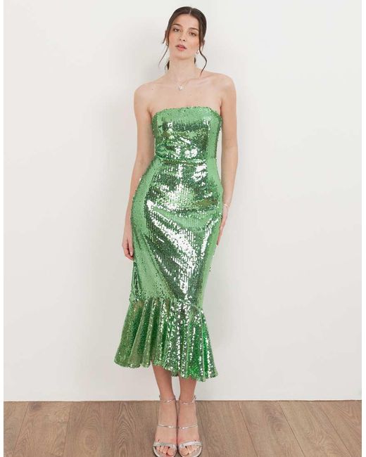 Maya Green Fully Embellished Bandeau Midi Dress