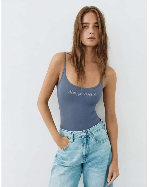 Pull&Bear Blue Rhinestone Graphic Bodysuit