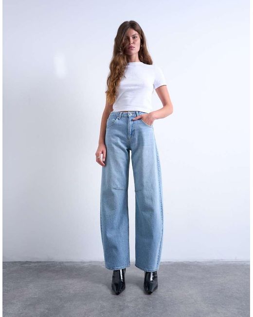 TOPSHOP Gebleekte Jeans Met Hoge Taille En Ronde, Wijde Pijpen in het Blue