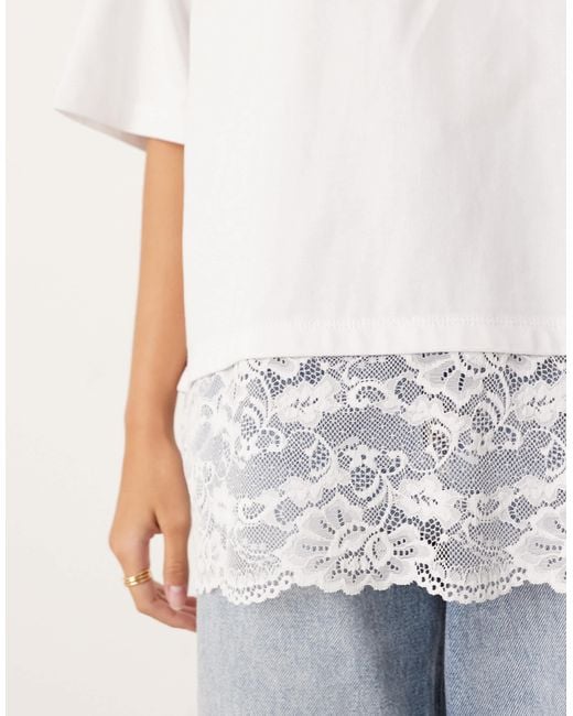 ASOS White Longline Tee With Lace Hem