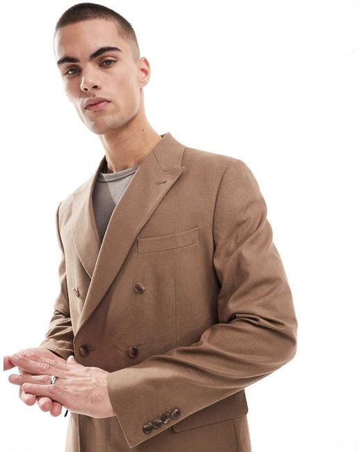 ASOS Double Breasted Regular-Fit Colbert Van Linnenmix in het Brown voor heren