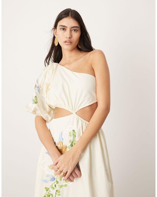 ASOS Natural Embroidered Floral Shoulder Puff Sleeve Midi Dress