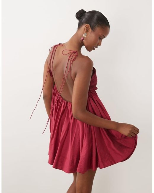 ASOS Red Trapeze Halter Mini Dress With Embroide Bodice
