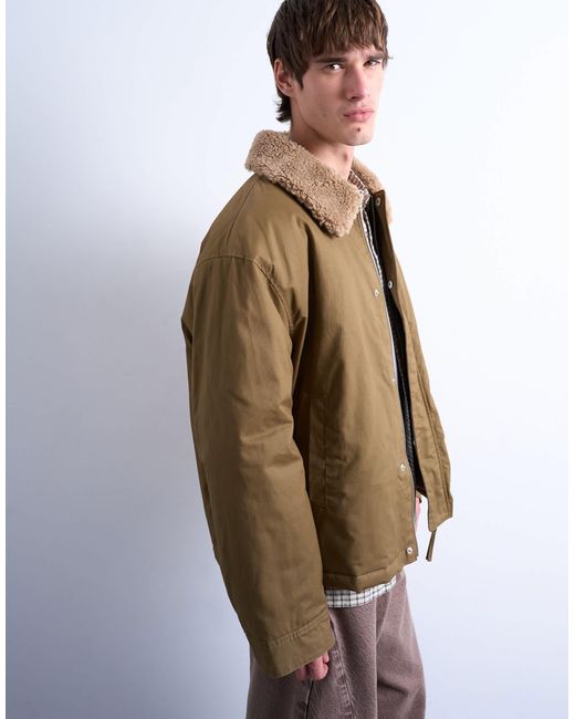 Topman Brown Padded Coach Jacket With Borg Collar for men