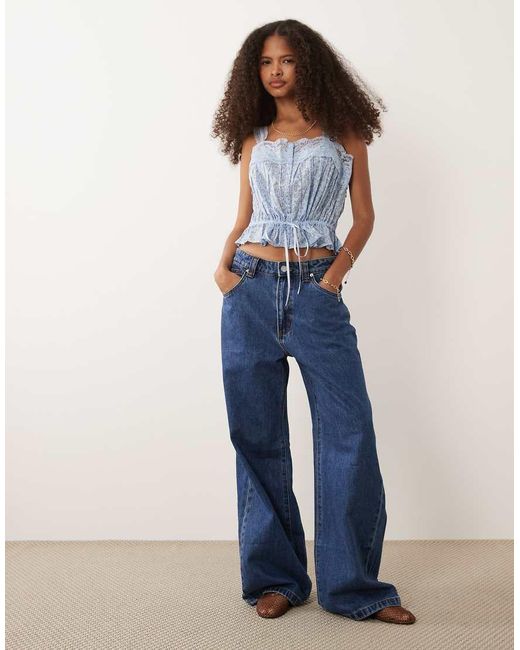Abercrombie & Fitch Blue Square Neck Button Through Cami With Cinched Waist