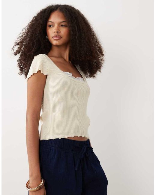 Miss Selfridge Multicolor Knitted Peplum Top With Lace Trim