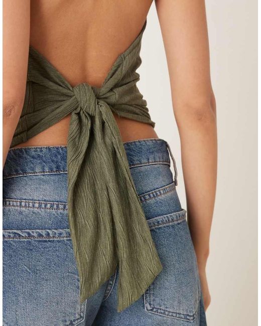 Gina Tricot Green Pleated Textured Halterneck Top With Open Tie Up Back