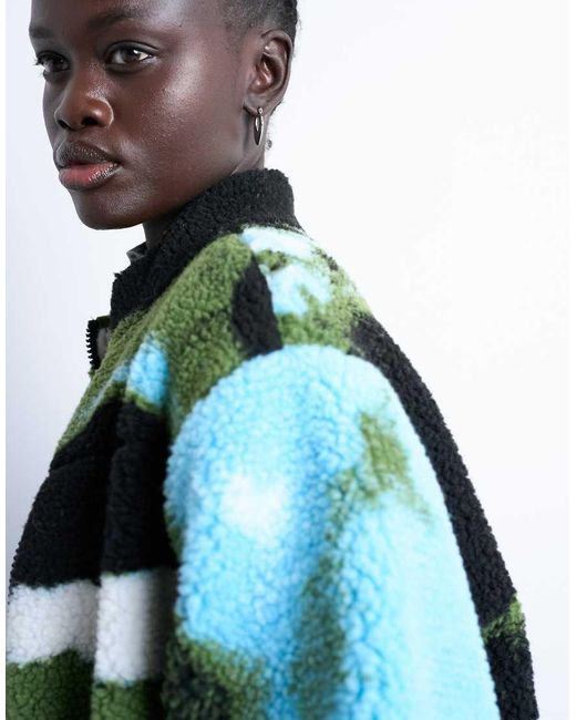TOPSHOP Blue Abstract Trend Printed Borg Fleece Jacket