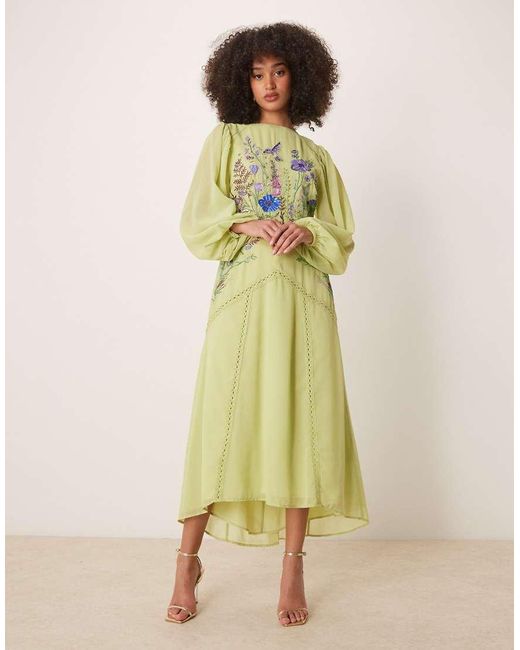 Hope & Ivy Green Embellished High Neck Midi Dress With Blouson Sleeves