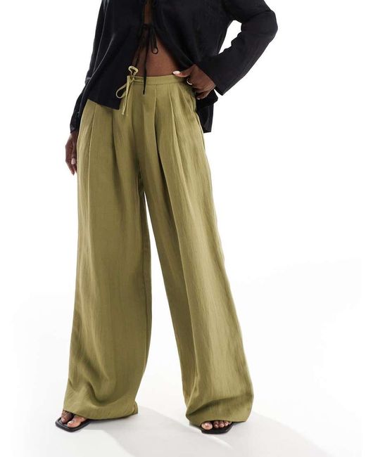 Stradivarius Green Crinkle Wide Leg Trouser