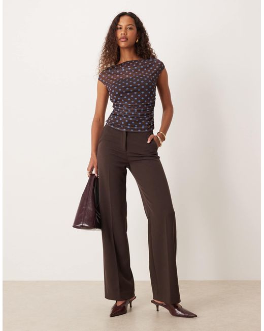 ASOS Brown Gathered Short Sleeve Off Shoulder Mesh Top
