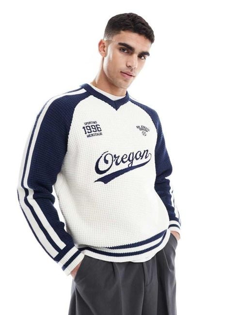 Bershka Blue Retro Sports Knit Sweater for men