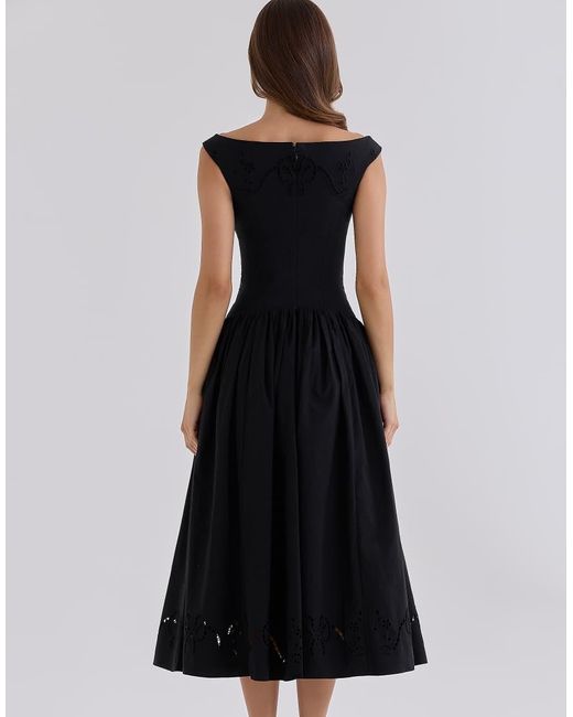 House Of Cb Black Lauren Custom Cotton Broderie Anglaise Boat Neck Maxi Dress