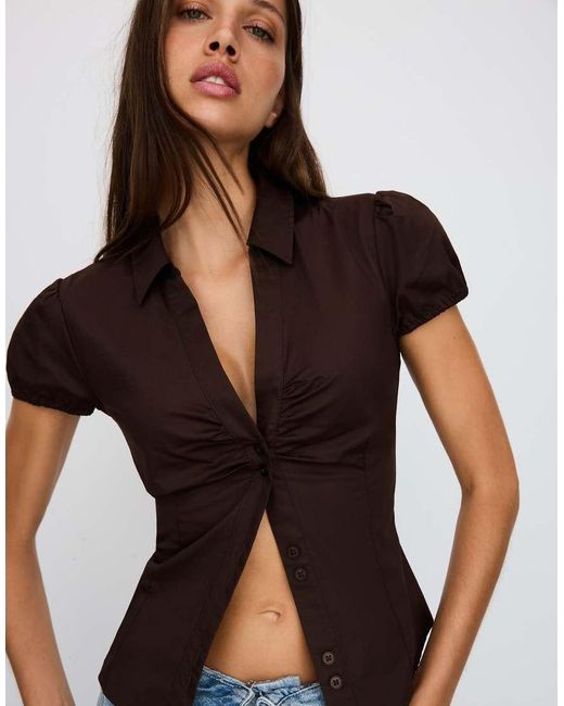Bershka Blue Short Sleeve Poplin Shirt With Bow