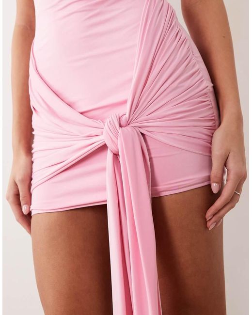 Ruched & Ready Pink Premium Sculpting Halterneck Drape Knot Waist Detail Mini Dress