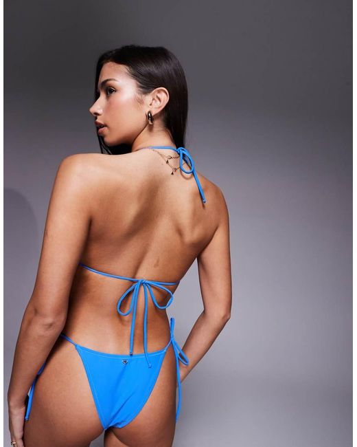Candypants Blue Triangle Bikini Top With Flower Detail