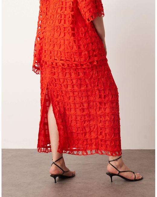 ARRANGE Red Curve Floral Cutwork Column Midi Skirt
