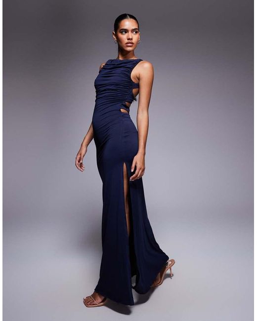 Princess Polly Blue Undeniable Slinky Cut Out Open Back Detail Thigh Slit Maxi Dress