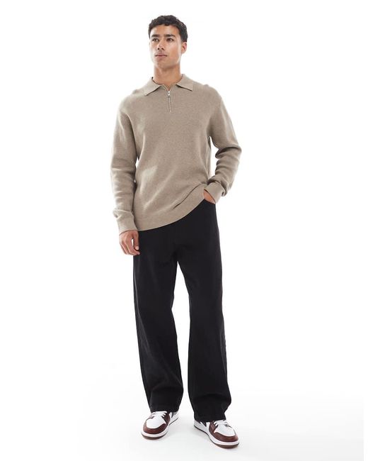 Jack & Jones Gray Premium Long Sleeve Knitted Polo With Quarter Zip for men