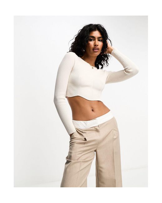 Bershka Crew Neck Cropped Sweater in Natural | Lyst