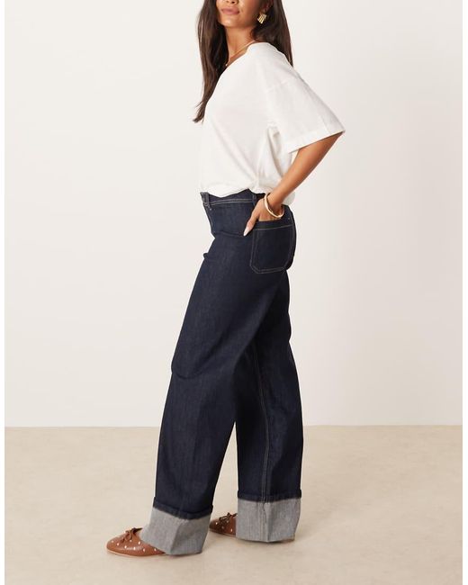 Jdy Blue Vanessa Mid Waist Wide Leg Turn Up Hem Jeans