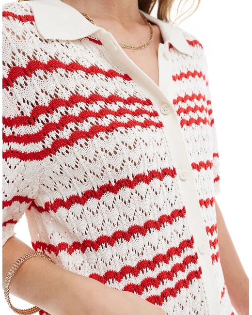 Miss Selfridge Red Crochet Contrast Polo Button Through Knit Dress