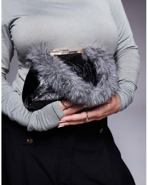 ASOS Gray Textu Frame Mini Clutch Bag With Faux Fur Top Handle