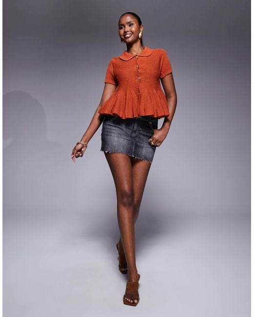 ASOS Orange Crew Neck Short Sleeve Cardigan With Peplum Frill Hem