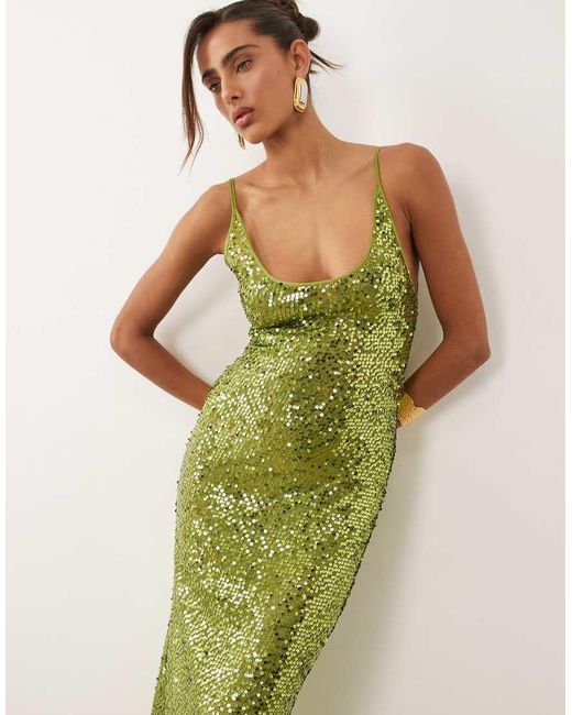 ASOS Green Embellished Sheer Scattered Sequin Cami Maxi Dress