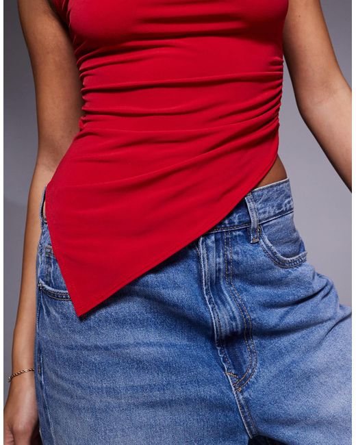 ASOS Red Slinky Grown On High Neck Gathe Asymmetrical Hem Top