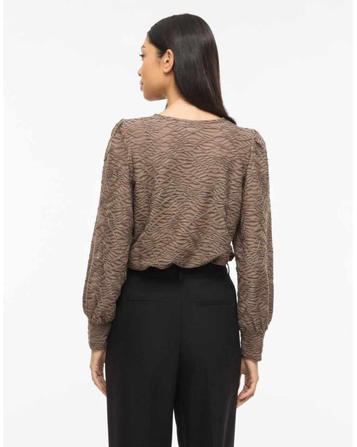 Vila Brown Long Sleeve Round Neck Blouse With Texture