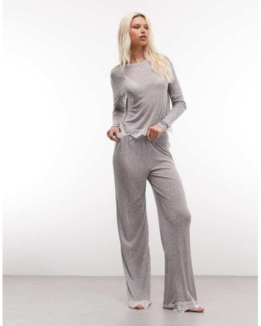 ASOS Gray Semi Sheer Wide Leg Trouser With Lace Trim