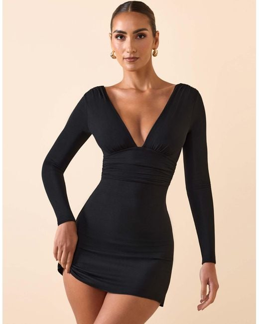 chinese dress ladies Cowl-Neck Long-Sleeve Midaxi Dress in Black