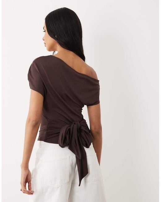 ASOS Brown Short Sleeve Off Shoulder Top With Tie Detail Top