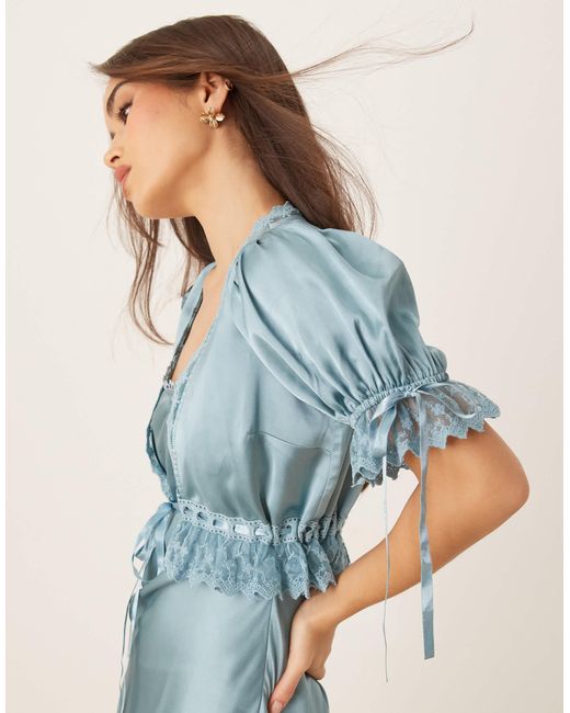 ASOS Blue Puff Sleeve 2-in-1 Satin Midi Tea Dress With Lace Trims