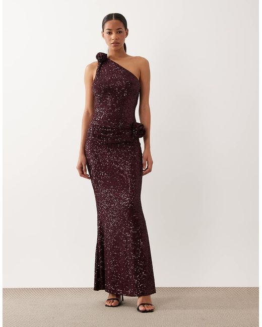 ASOS Red One Shoulder Sheet Sequin Midi Dress With Swirled Corsage Details
