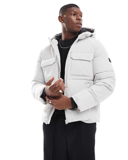 Only & Sons White Padded Puffer With Hood & Utility Pockets for men