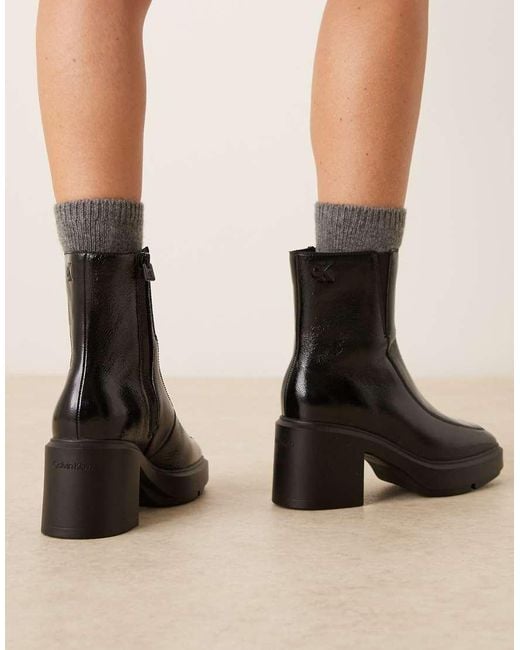 Calvin Klein Black 100% Leather Block Heel Ankle Boots