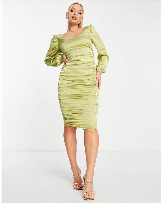 AX Paris Satin Long Sleeve Ruched Side Midi Dress in Green Lyst