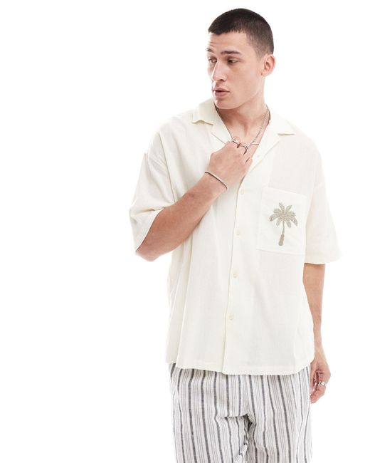 Pull&Bear White Palm Tree Embroidered Shirt for men