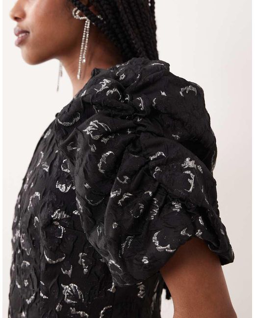 Gina Tricot Black Volume Balloon Sleeve Rose Brocade Mini Dress With Silver Metallic Inserts