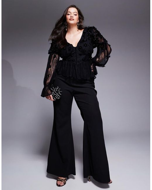 ASOS Black Curve Mesh Floral Bardot Long Sleeved Top With Velvet Flowers And Pearl Embellishment