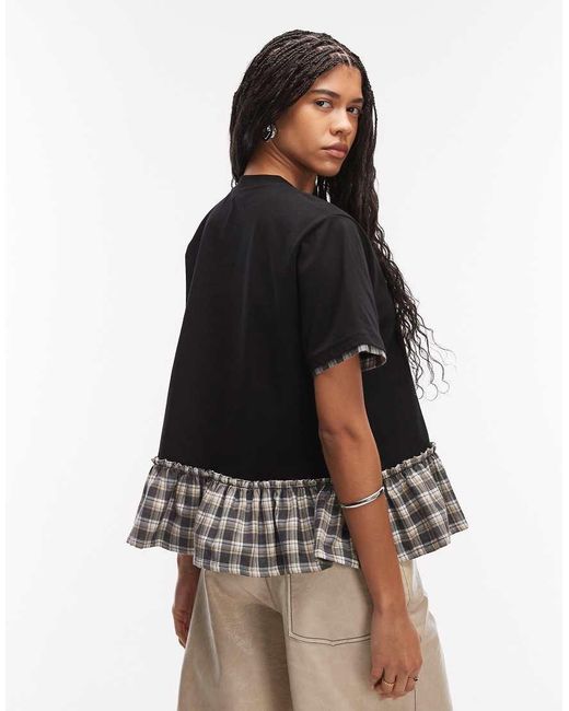 ASOS Black Double Layer Contrast Gingham Hem Peplum Top