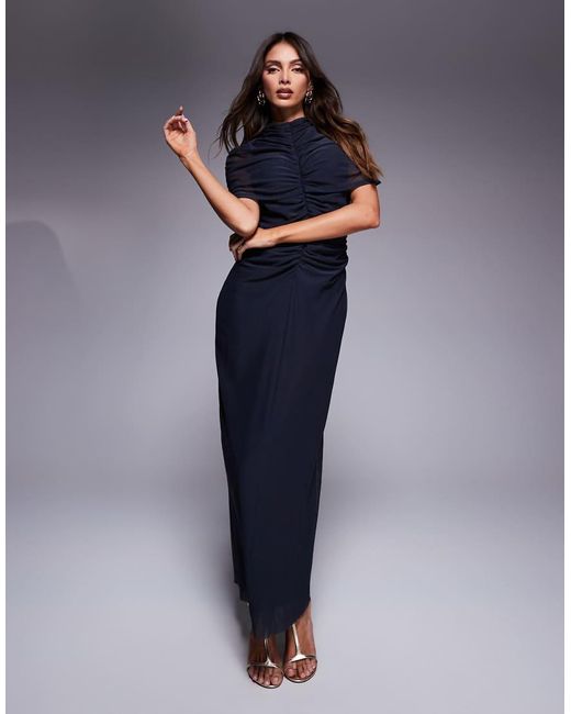 ASOS Hoogsluitende Maxi Jurk Van Gelaagd Mesh Met Doorschijnend Paneel in het Blue