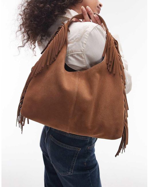 & Other Stories Brown Slouchy Suede Leather Fringe Shoulder Bag