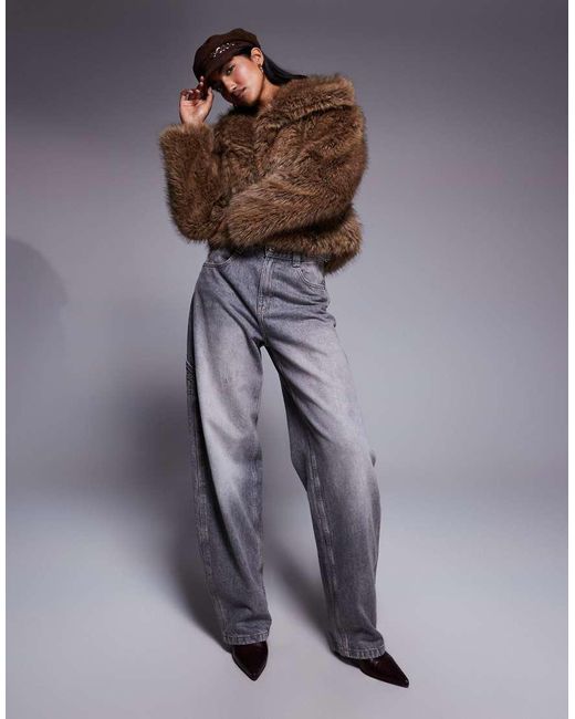 River Island Brown Cropped Faux Fur Jacket