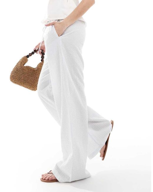 Monki White Wide Leg Drawstring Seersucker Pants